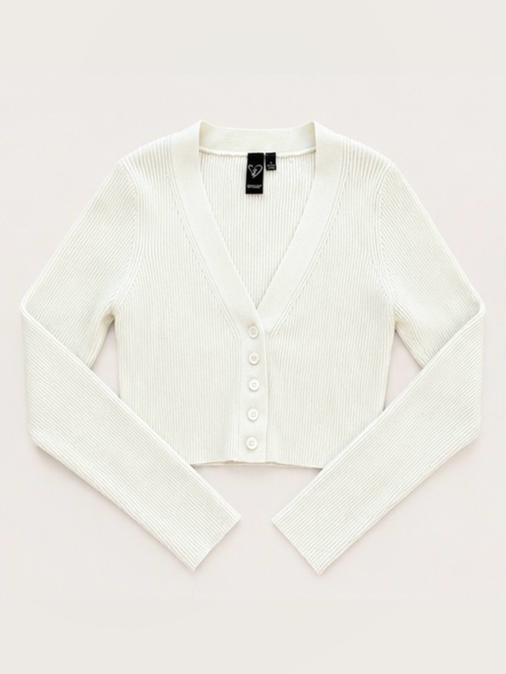 Windsor White Ribbed V-Neck Button-Front Cropped Sweater